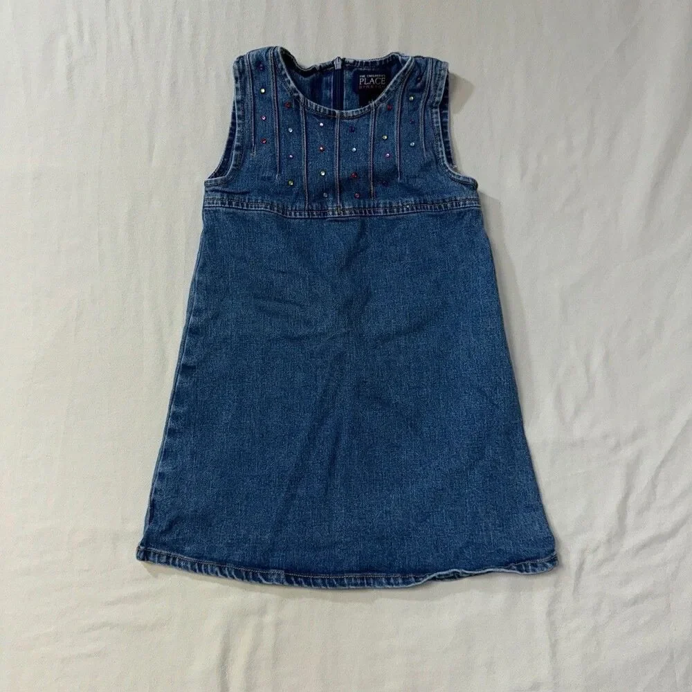 Childrens Place Denim Jean Dress Girls 4T Blue Sleeveless Casual Embellished Gem - Picture 2 of 7